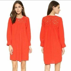 Madewell Daybreak Eyelet Red Linen Blend Casual Long Sleeve Shift Dress Size XXS